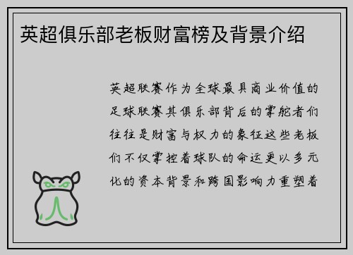 英超俱乐部老板财富榜及背景介绍